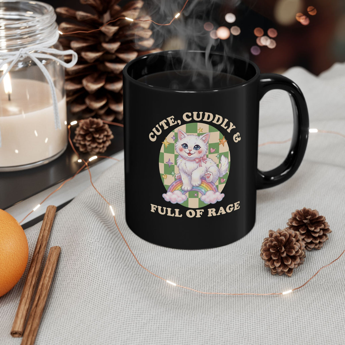 Cute Cuddly & Full of Rage Black Mug — Funny Kawaii Kitten Graphic Mug