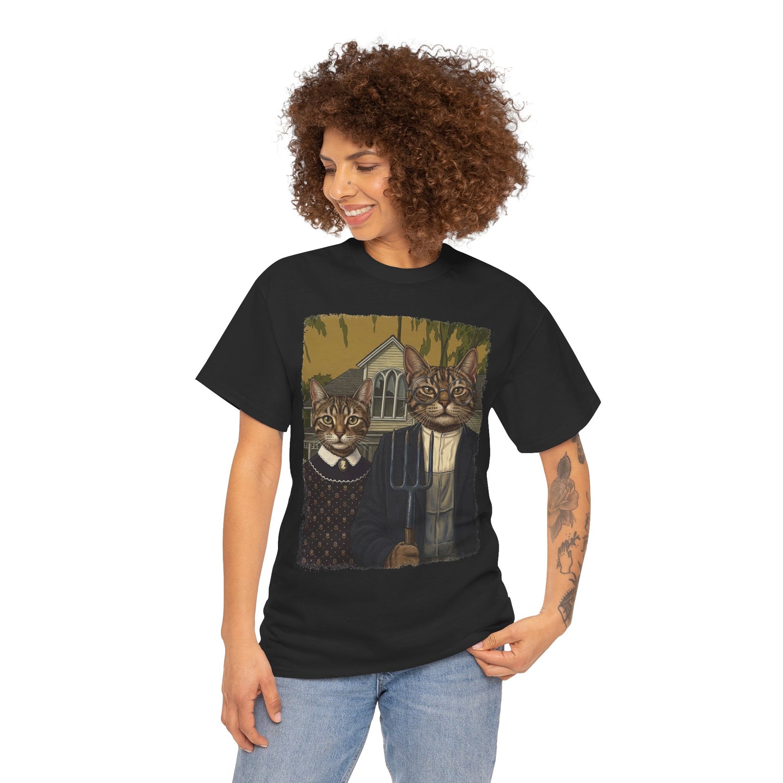 Gothic Cat Couple Tee — Parody ‘American Gothic’ Cat Portrait T-Shirt