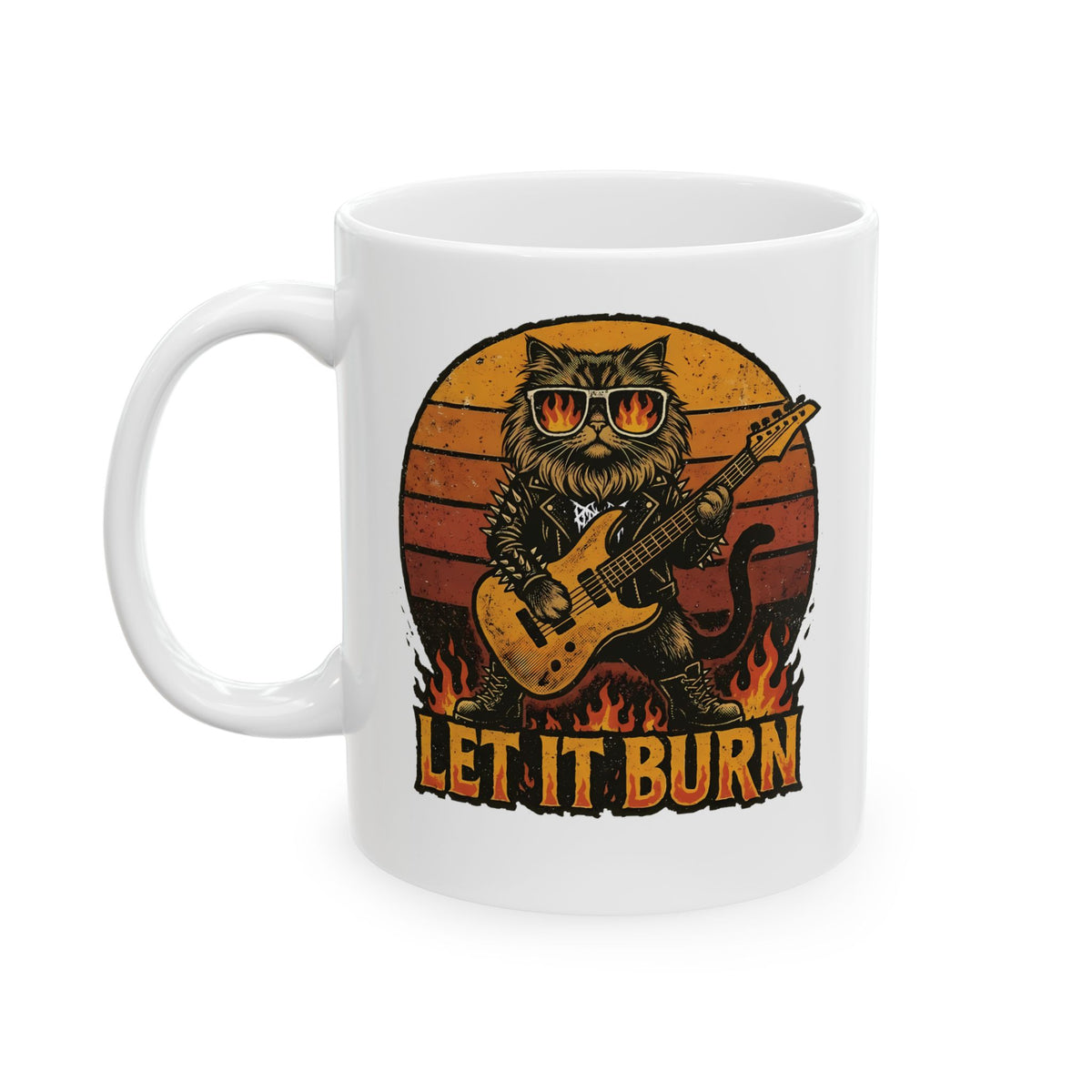 Let It Burn Rocker Cat Ceramic Mug — Heavy Metal Guitar Feline Graphic