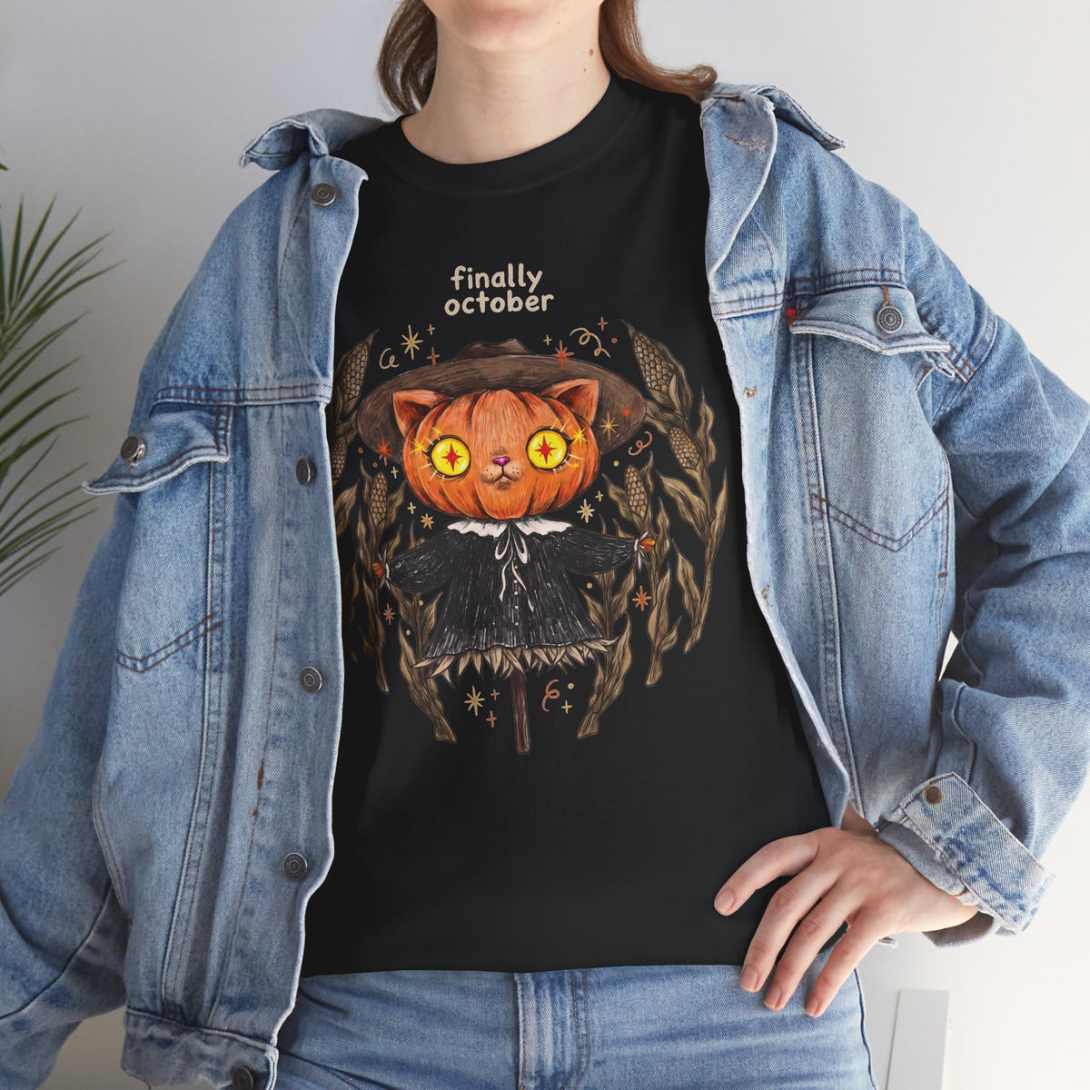 Finally October Pumpkin Cat Scarecrow T-Shirt — Vintage Autumn Halloween Tee