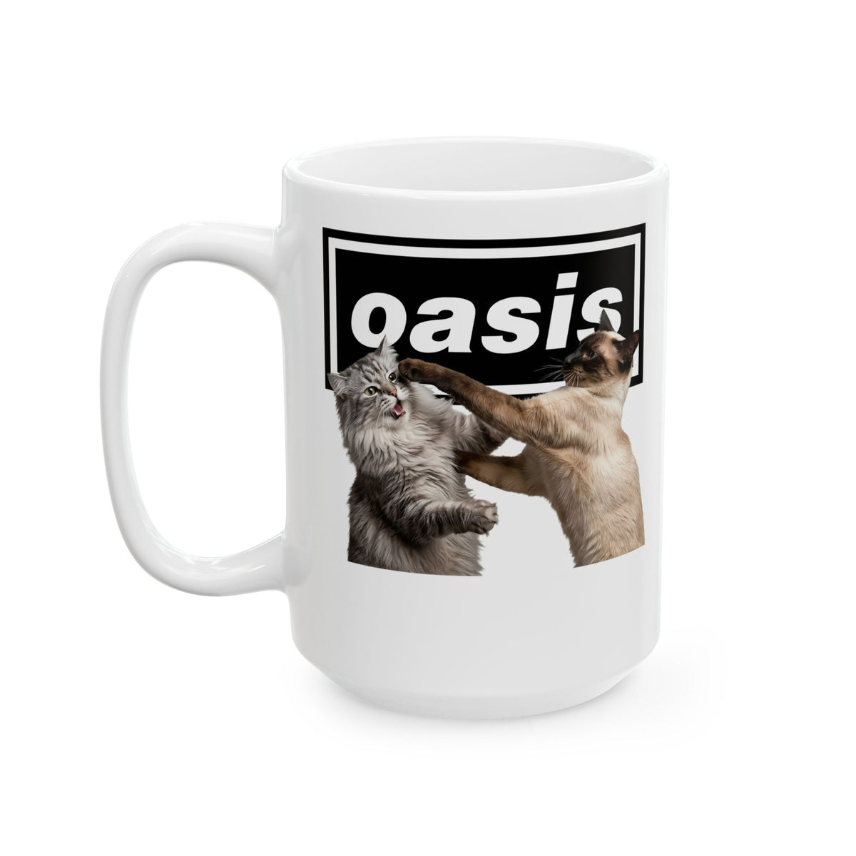Oasis Cat Fight Ceramic Mug — Desert Cat Battle Graphic Mug