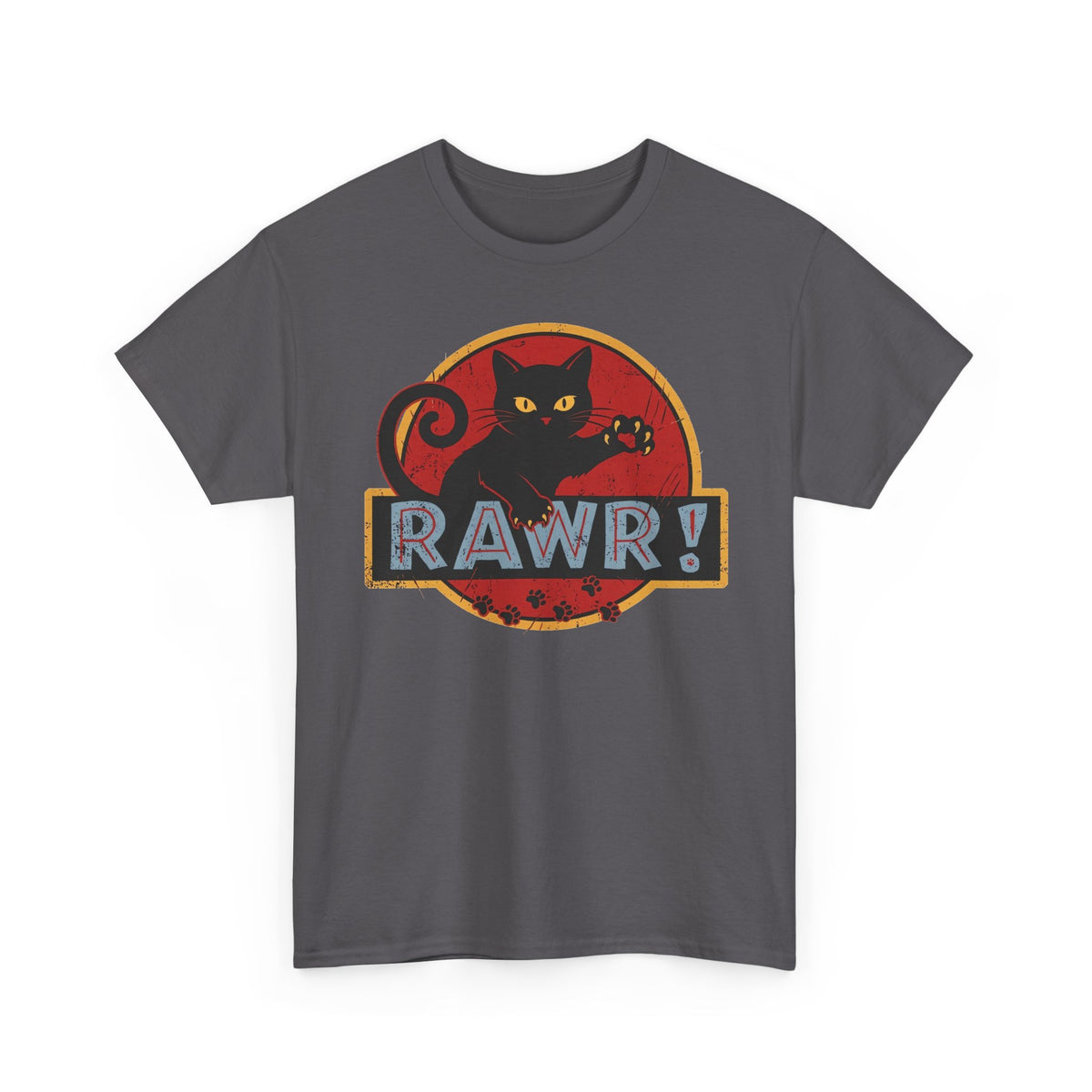 RAWR! Black Cat Graphic Tee — Vintage Dino Logo Parody T-Shirt