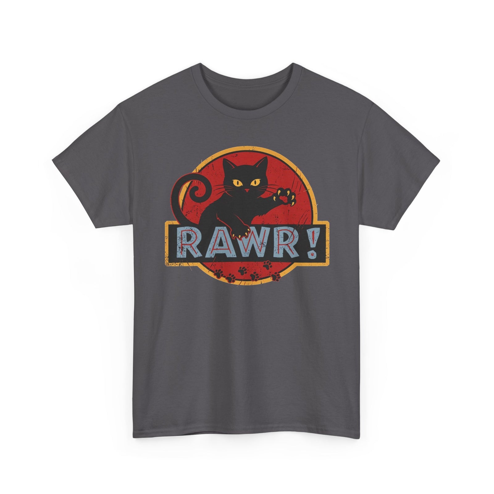 RAWR! Black Cat Graphic Tee — Vintage Dino Logo Parody T-Shirt