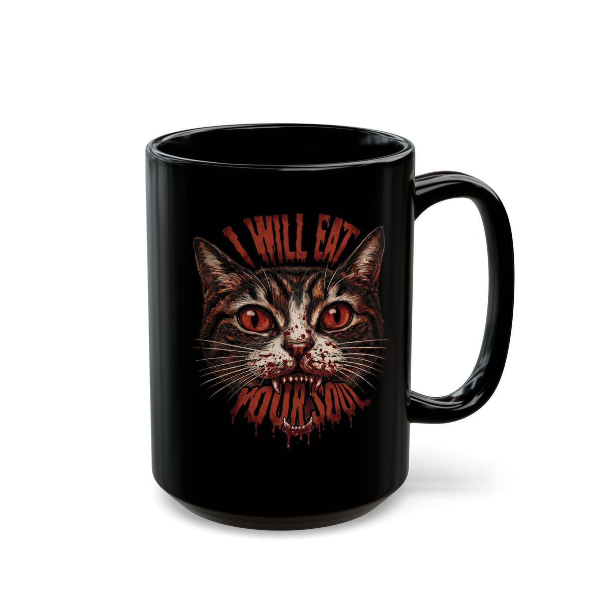 I Will Eat Your Soul Black Mug — Horror Demon Cat Graphic Mug