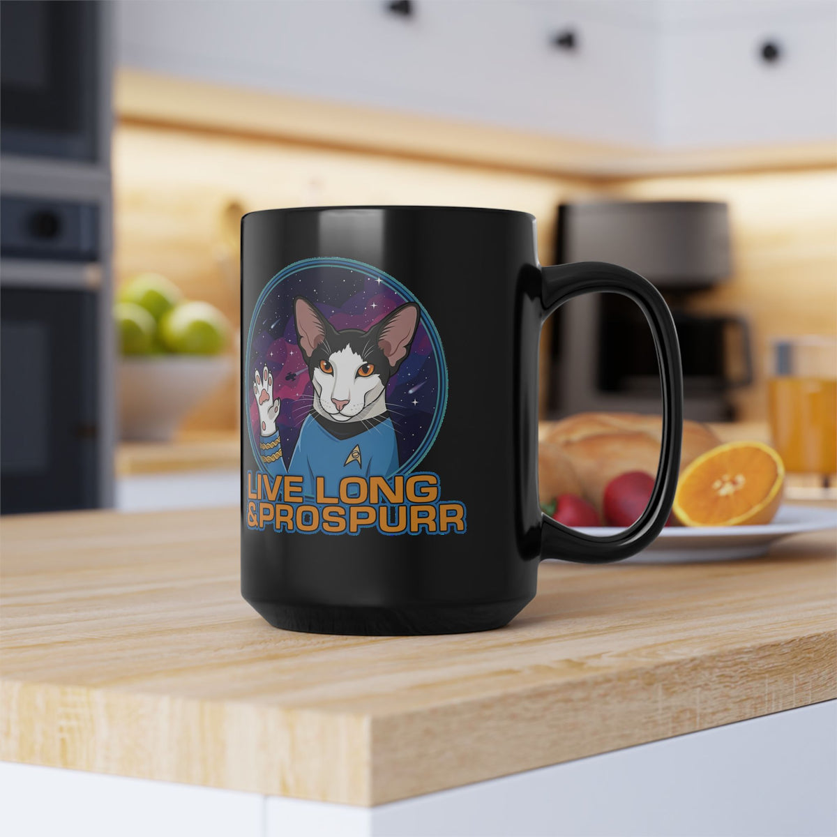 Sci‑Fi Cat 'Live Long Prospurr' Black Mug