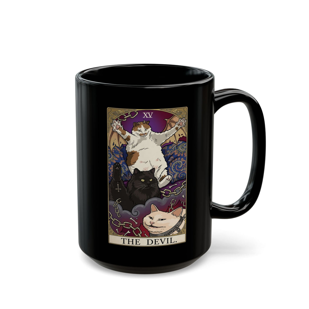 The Devil Cats Tarot Black Mug — Mystical Cat Tarot Illustration