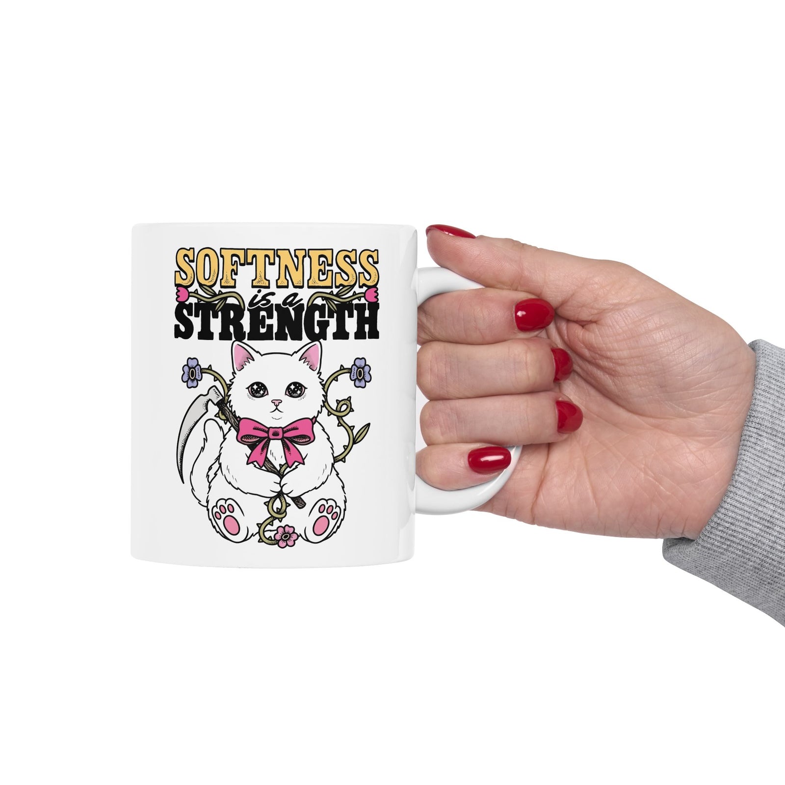 Softness Is A Strength Ceramic Mug — Funny Cute White Kitten Scythe Graphic Mug