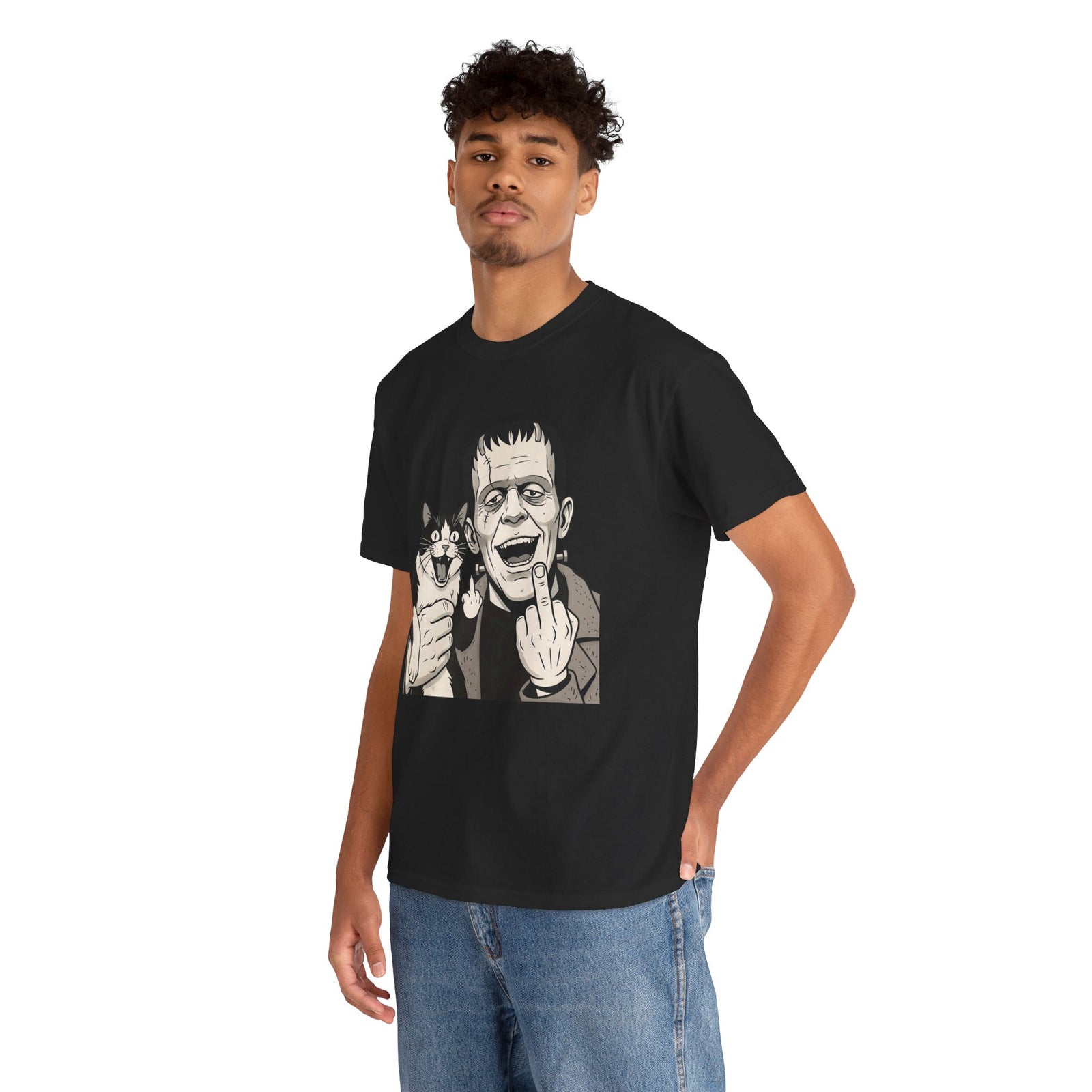 Frankenstein Cat T‑Shirt — Cute Spooky Cat & Frankenstein Design