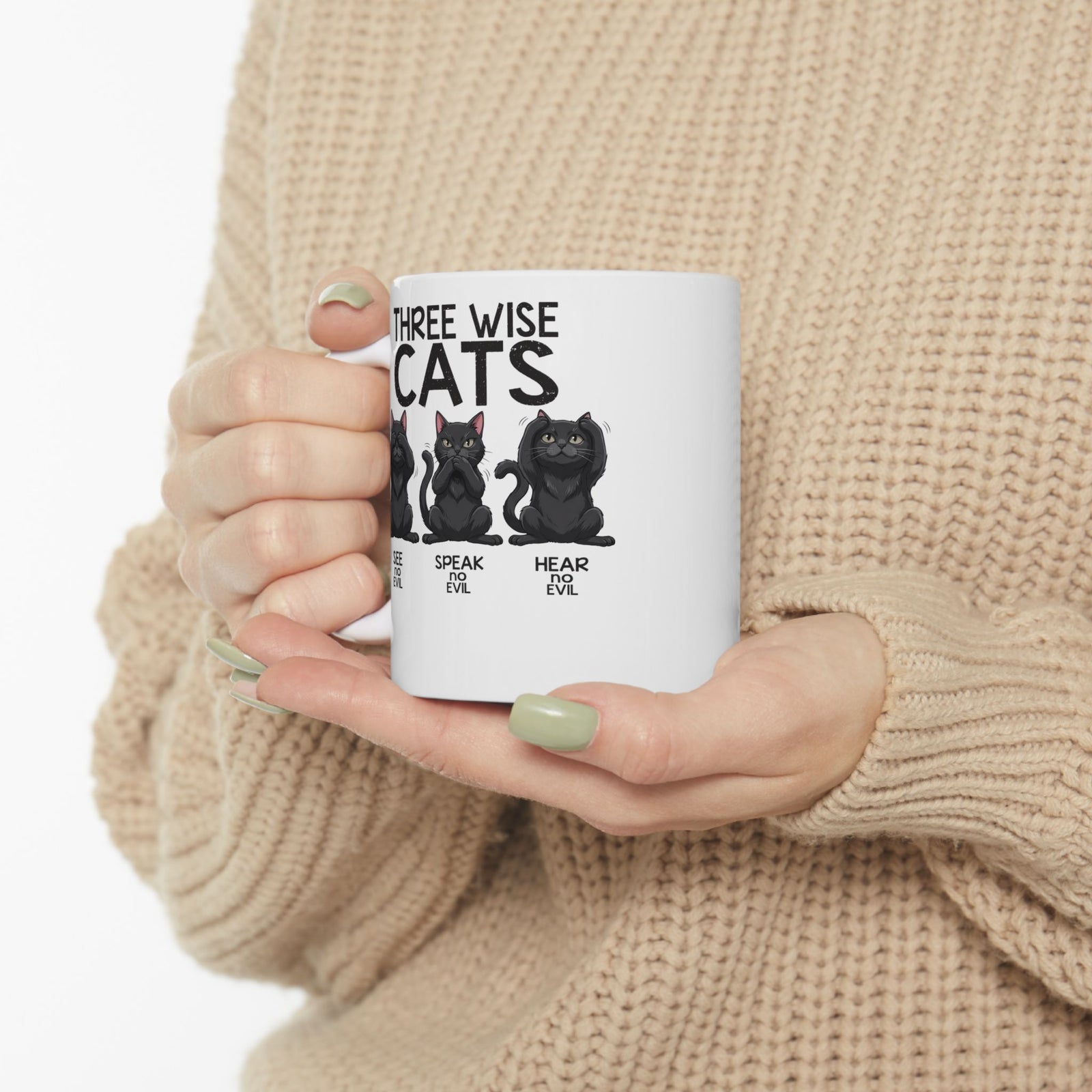 Three Wise Cats Ceramic Mug — See Speak Hear No Evil Black Cat Graphic