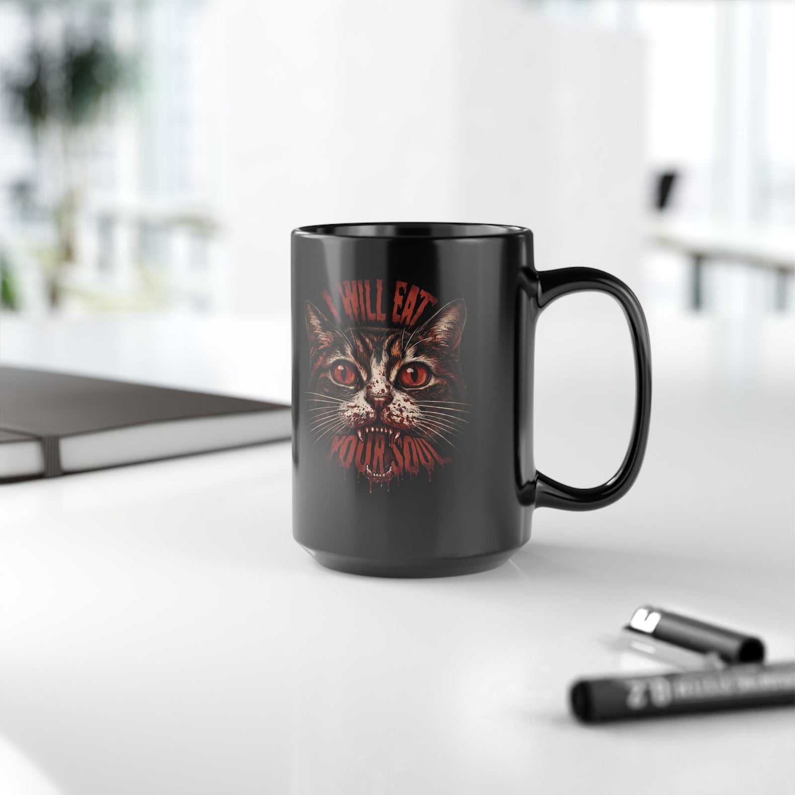 I Will Eat Your Soul Black Mug — Horror Demon Cat Graphic Mug