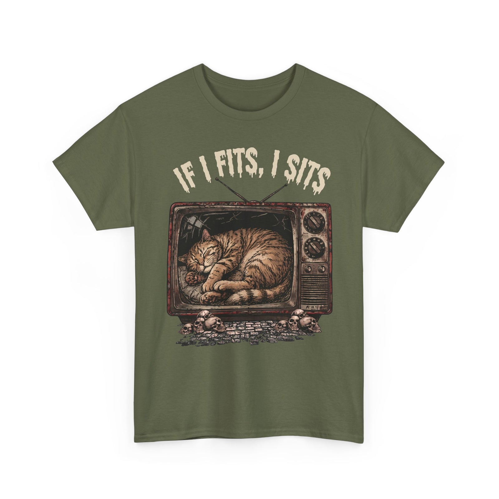 If I Fits I Sits Vintage TV Tabby Cat Shirt — Macabre Horror Meme T-Shirt