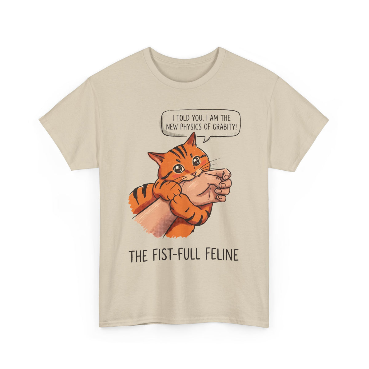 The New Physics Of Grabity T-Shirt — Funny Orange Cat Biting Hand Tee