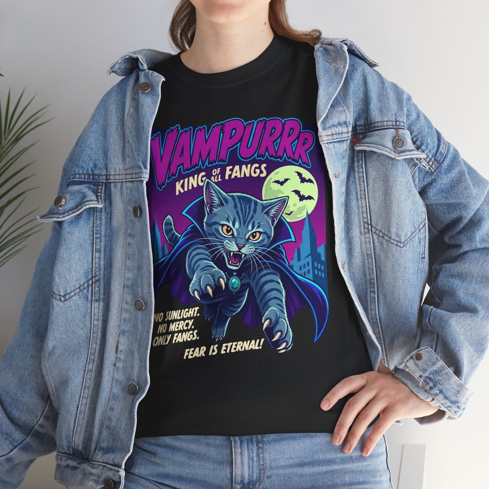 Vampurrr King of Fangs Cat T-Shirt — Retro Vampire Cat Graphic Tee