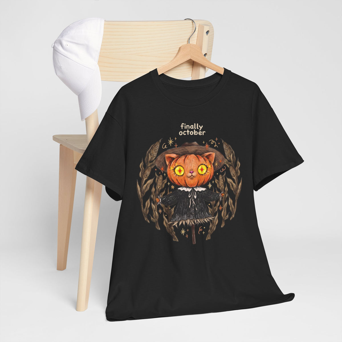 Finally October Pumpkin Cat Scarecrow T-Shirt — Vintage Autumn Halloween Tee