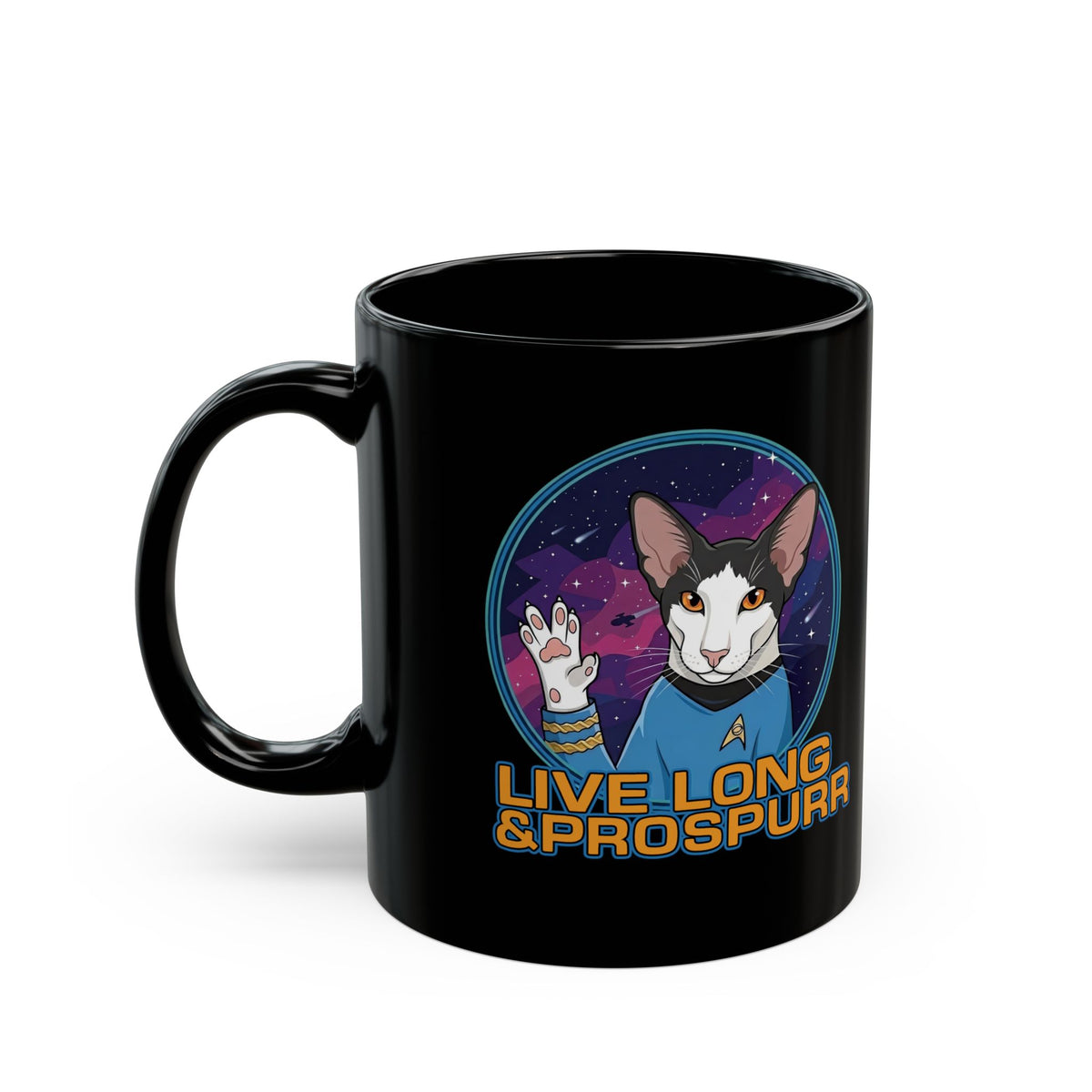 Sci‑Fi Cat 'Live Long Prospurr' Black Mug