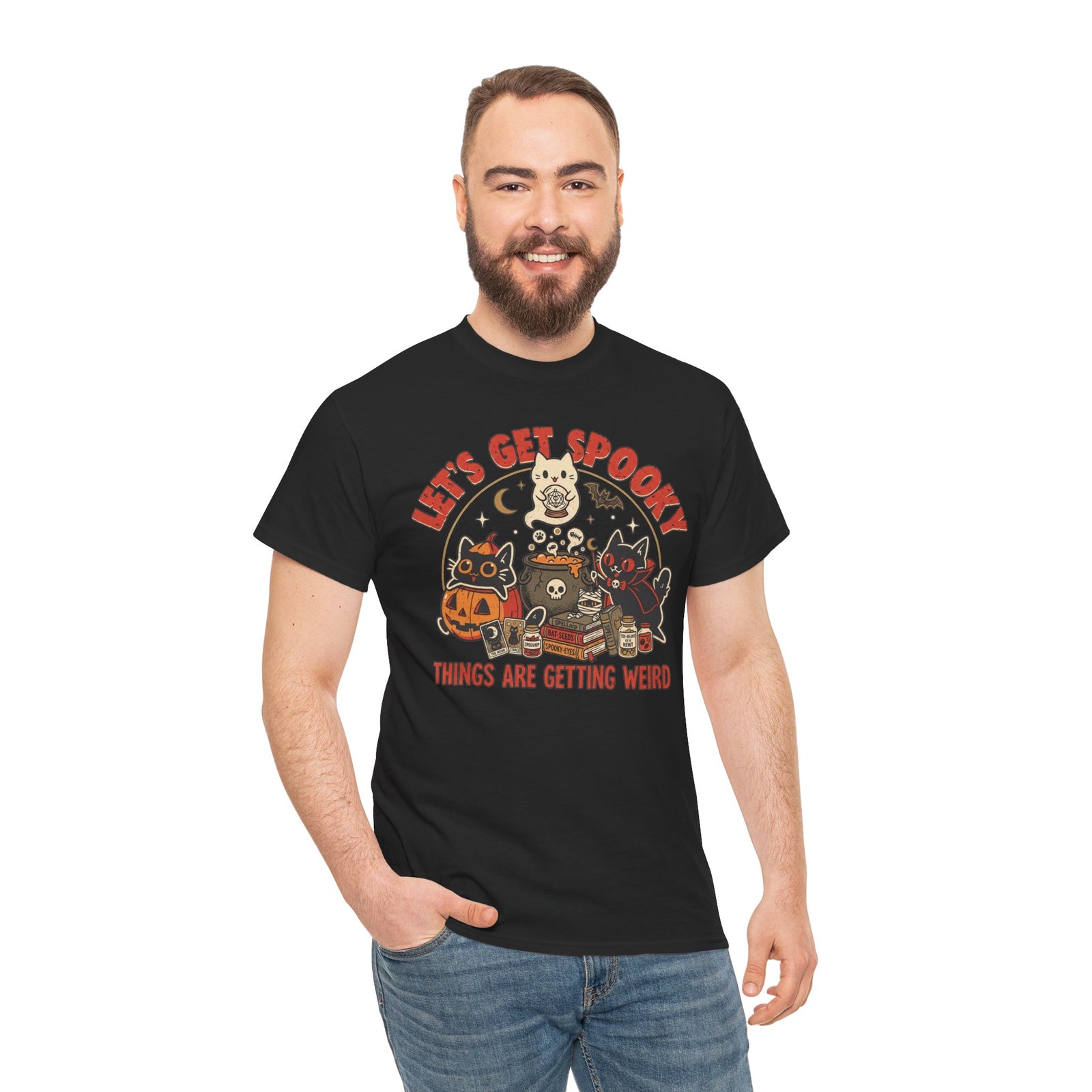 Let's Get Spooky T-Shirt — Cute Retro Halloween Cats & Pumpkins Tee ("Things Are Getting Weird")