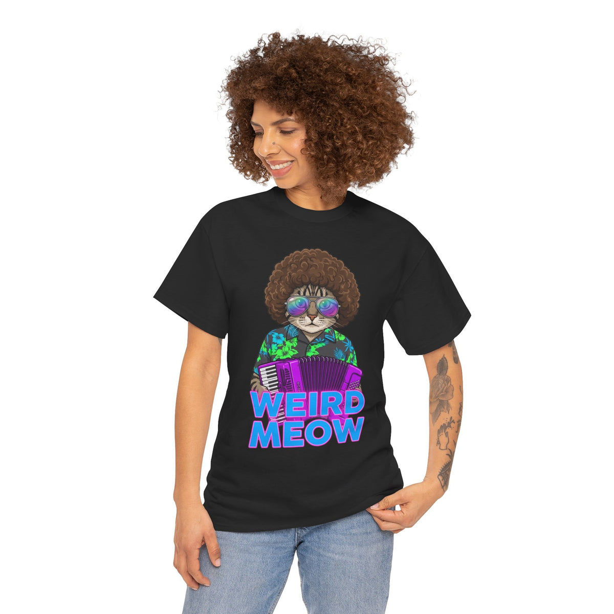 Weird Meow Cat T-Shirt — Retro Disco Cat with Accordion