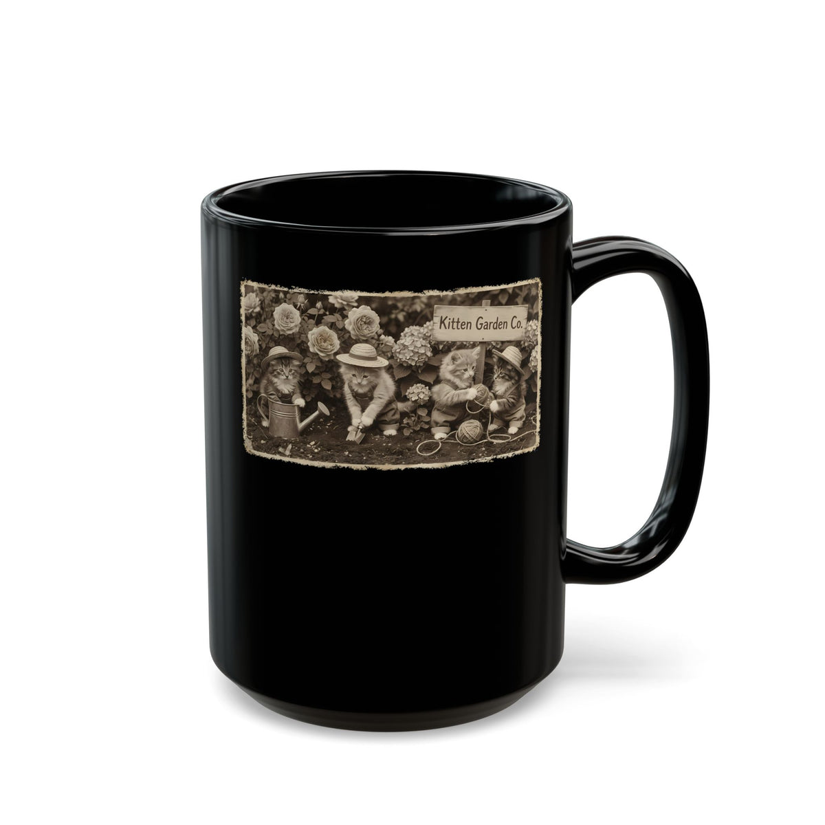 Vintage Kittens in the Garden Black Mug — Cute Floral Cat Mug