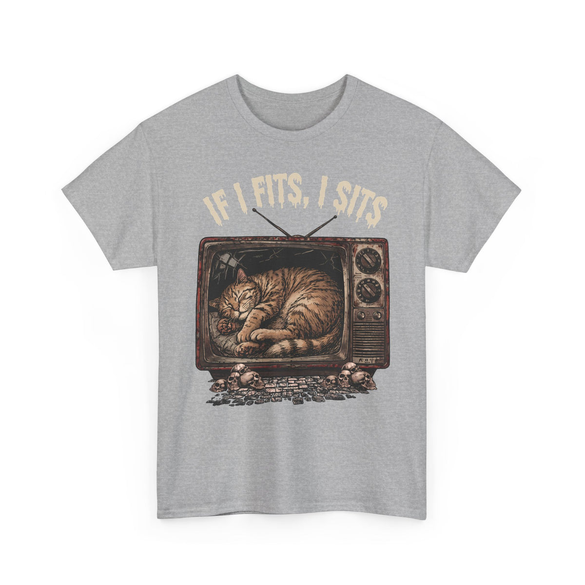 If I Fits I Sits Vintage TV Tabby Cat Shirt — Macabre Horror Meme T-Shirt
