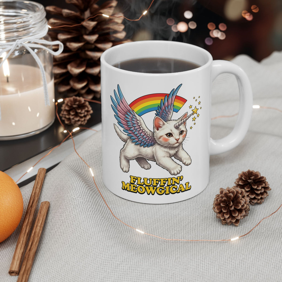 Fluffin' Meowgical Cat Ceramic Mug — Cute Unicorn Kitten Graphic
