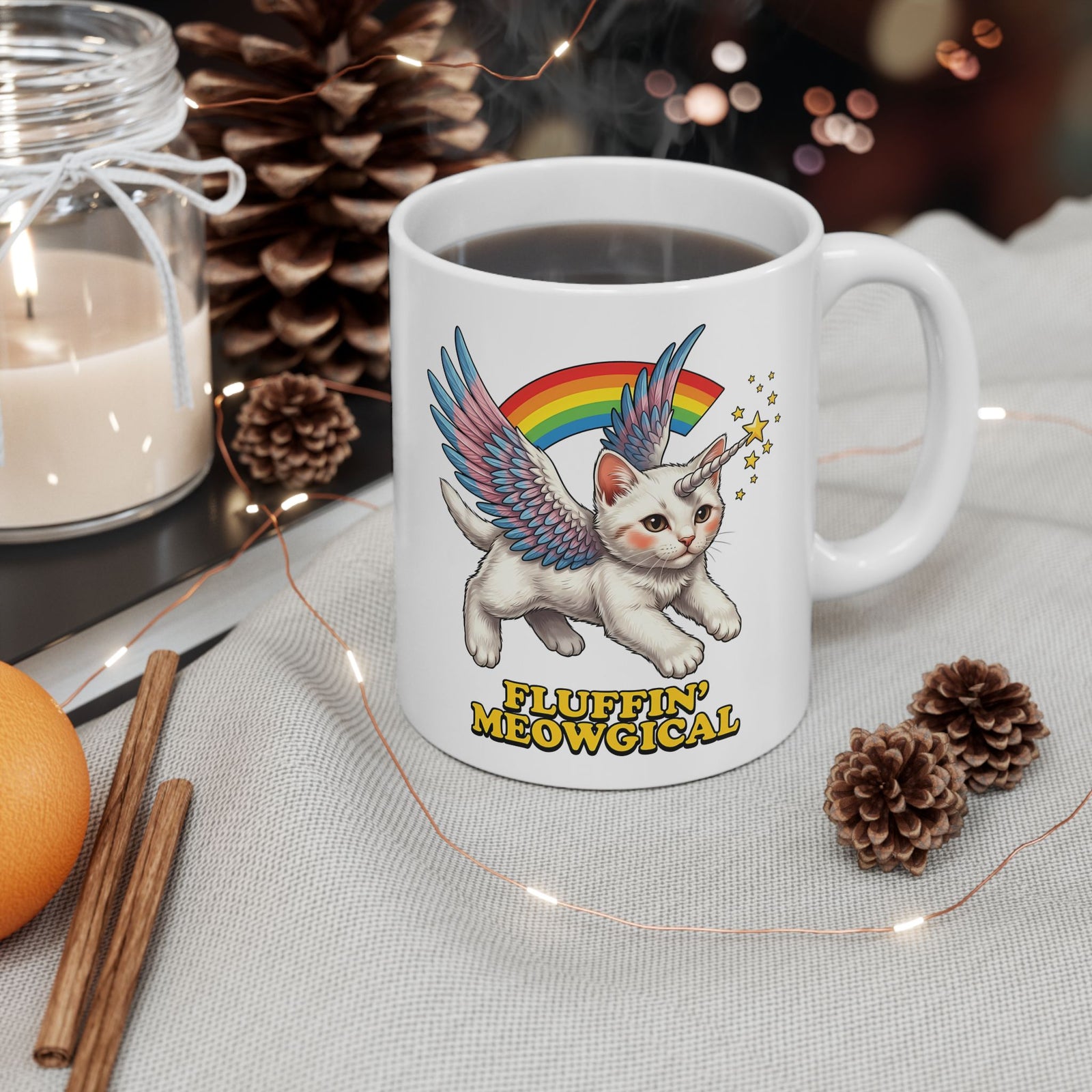 Fluffin' Meowgical Cat Ceramic Mug — Cute Unicorn Kitten Graphic