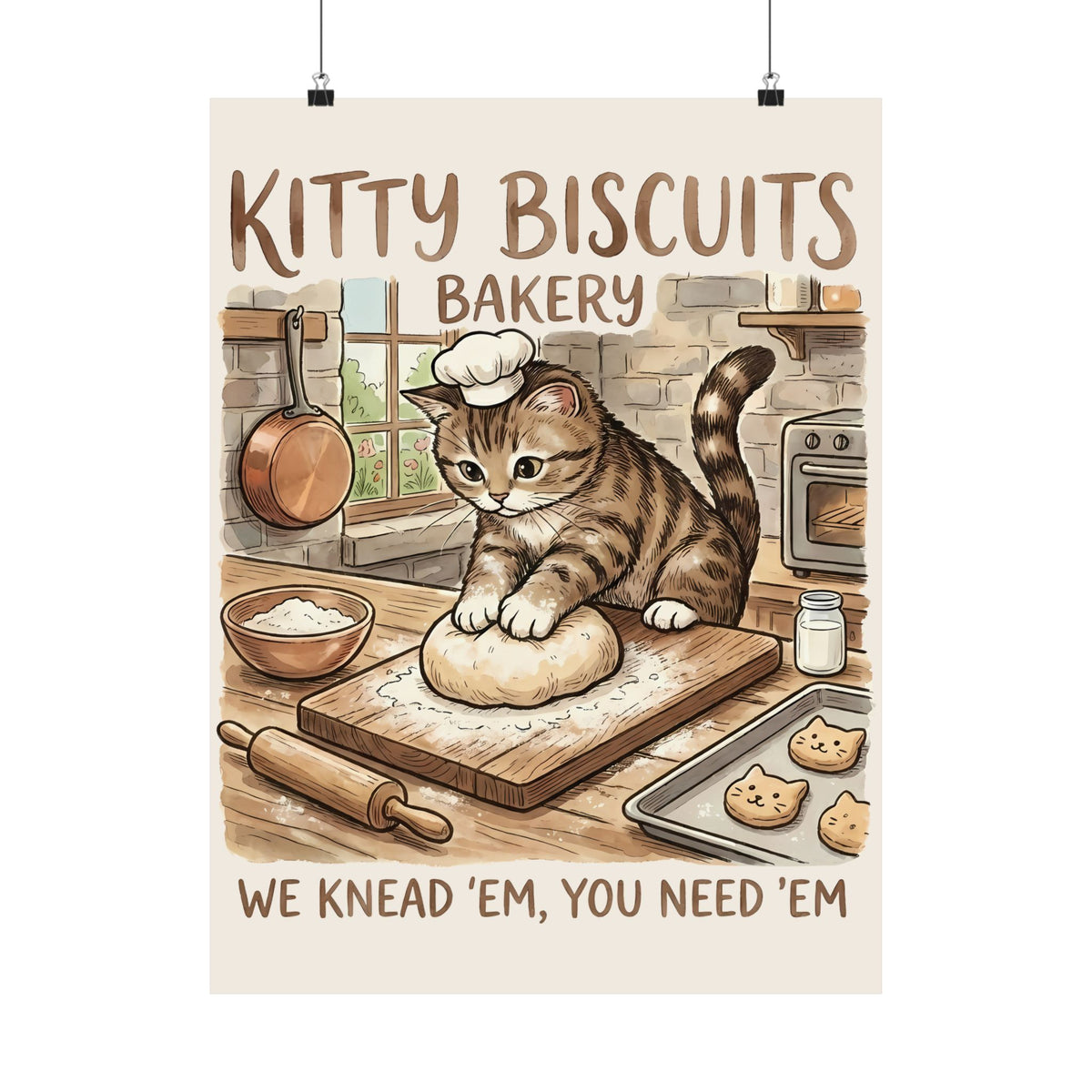 Kitty Biscuits Bakery Poster — "We Knead 'Em We Need 'Em" Cat Bakery Poster