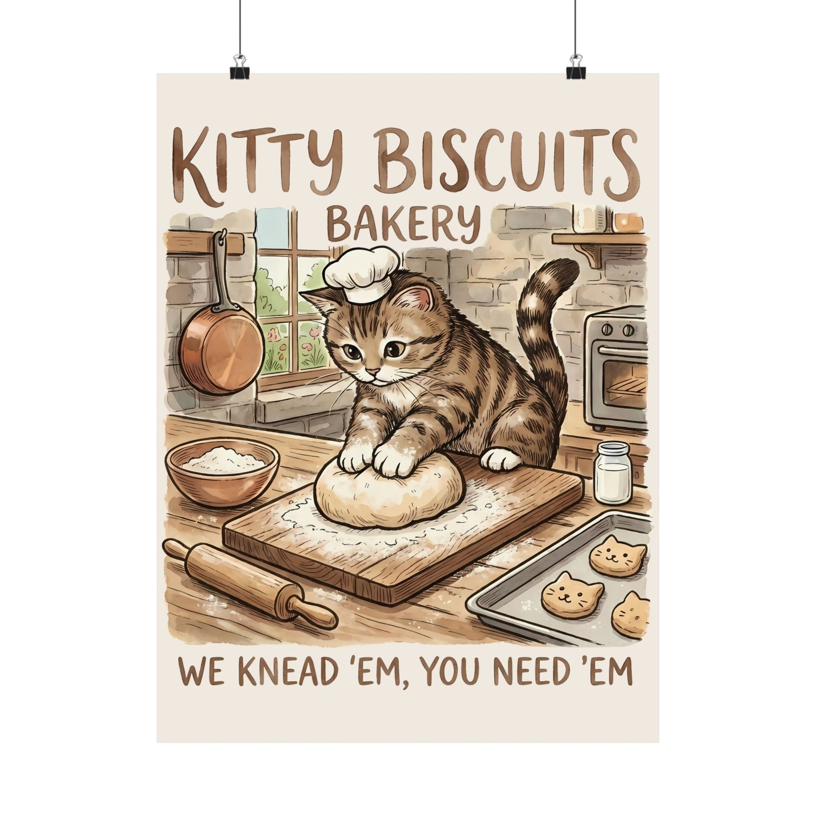 Kitty Biscuits Bakery Poster — "We Knead 'Em We Need 'Em" Cat Bakery Poster