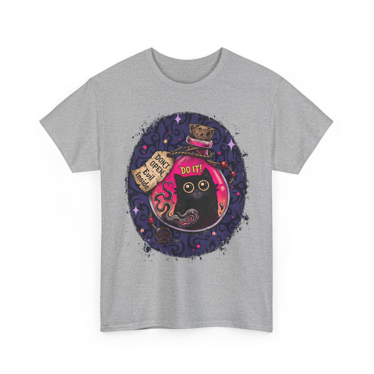Don't Open Evil Inside Potion Cat T-Shirt — Creepy Cute Black Cat Tee