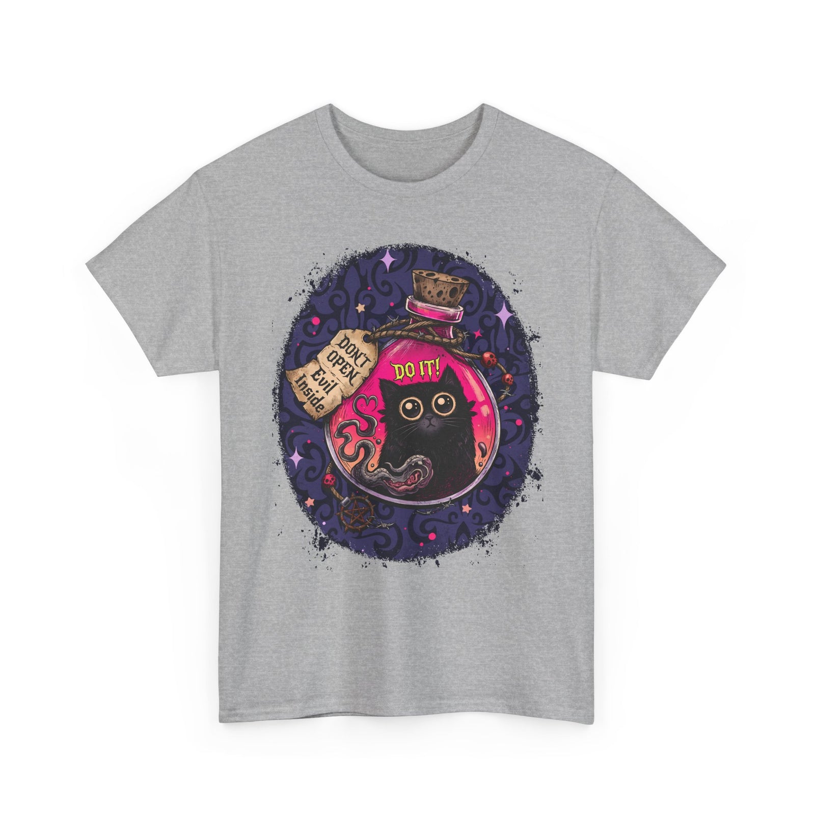 Don't Open Evil Inside Potion Cat T-Shirt — Creepy Cute Black Cat Tee