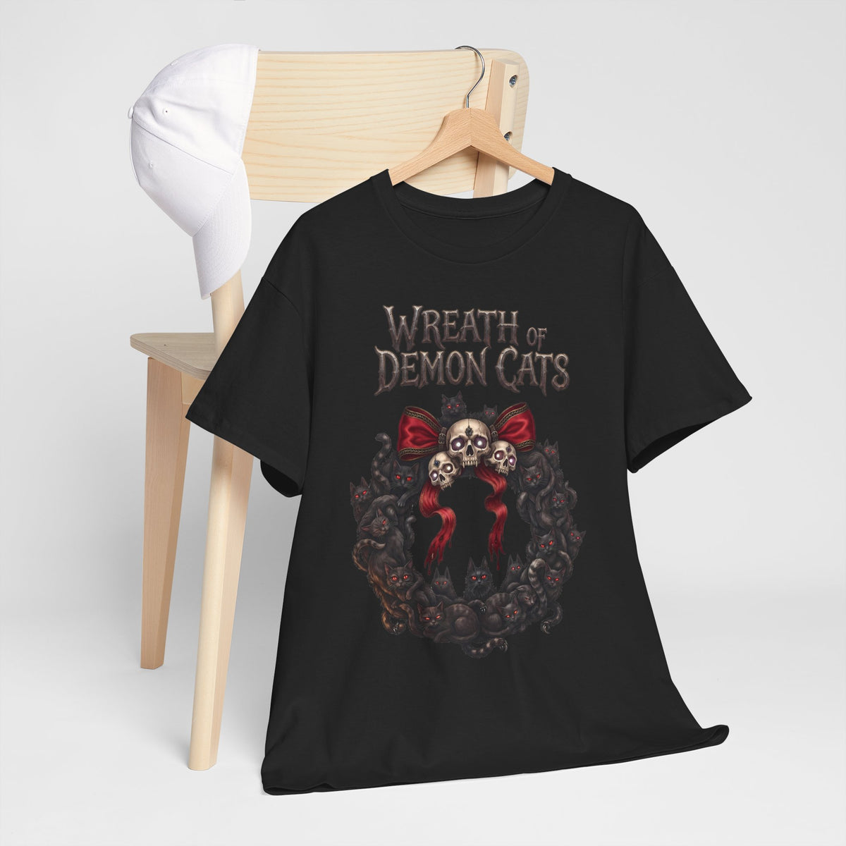 Wreath Of Demon Cats T-Shirt — Gothic Black Cat Skull Wreath Tee