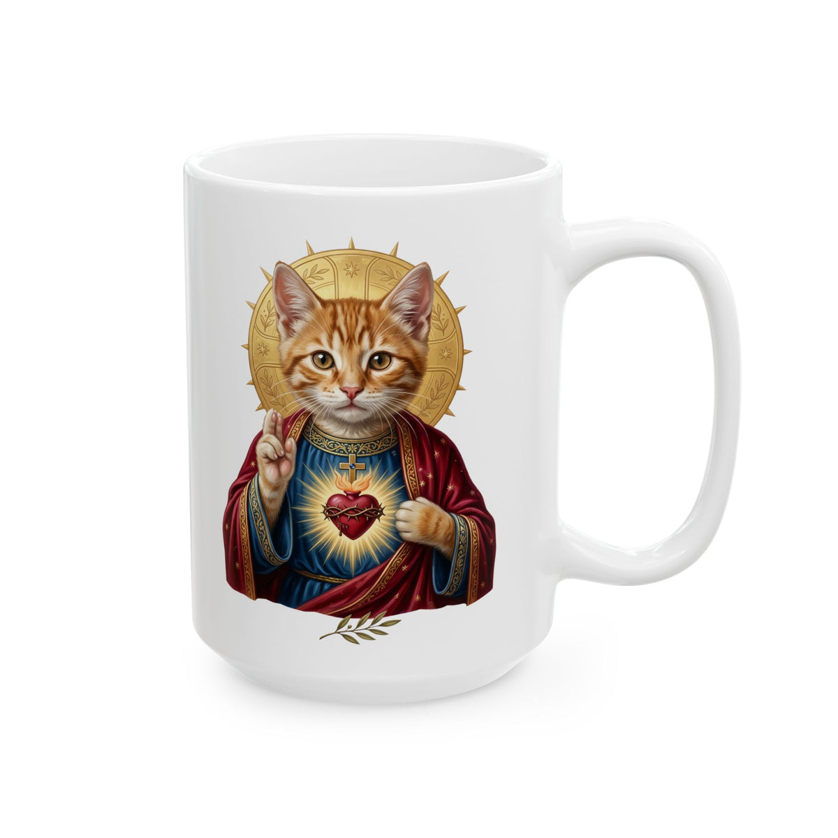 Sacred Heart Cat Ceramic Mug — Christian Religious Cat Lover Graphic Mug