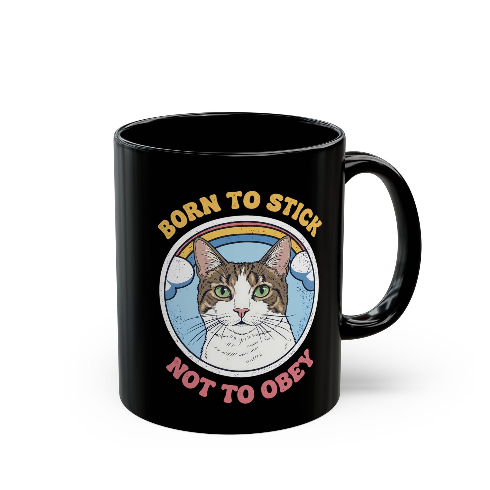 Born To Stick Not To Obey Black Mug — Retro Rainbow Cat Graphic Mug