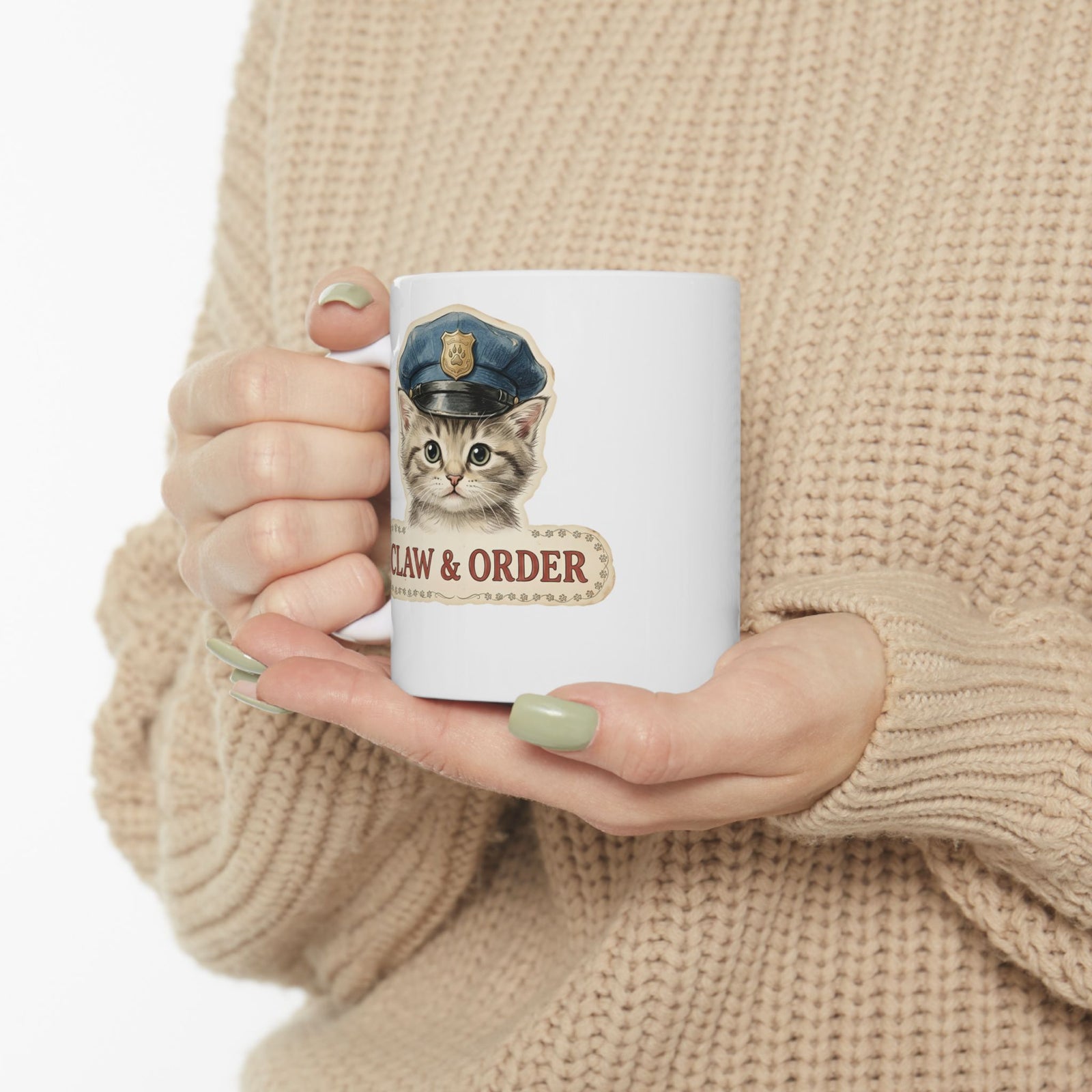 Claw and Order Cat Ceramic Mug — Funny Cat Crime Pun Mug