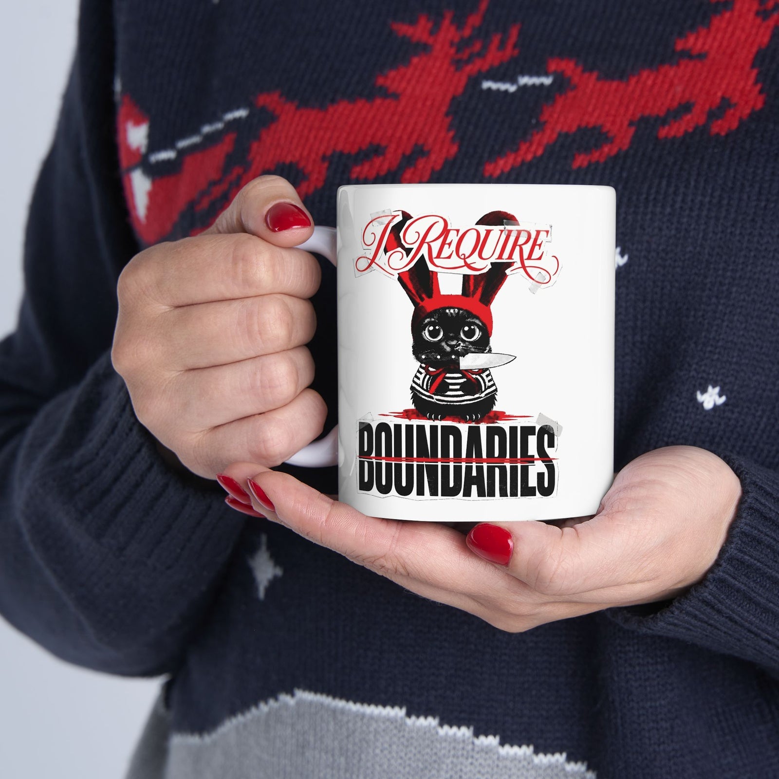 I Require Boundaries Ceramic Mug — Funny Creepy Cute Cat Knife Mug