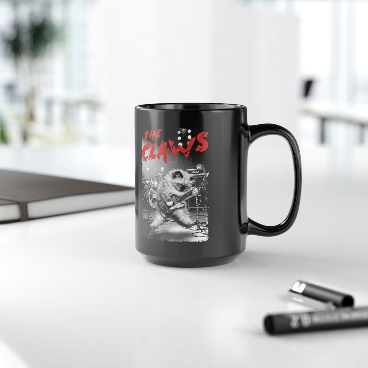 The Claws Cat Rock Black Mug — Retro Cat Graphic Mug