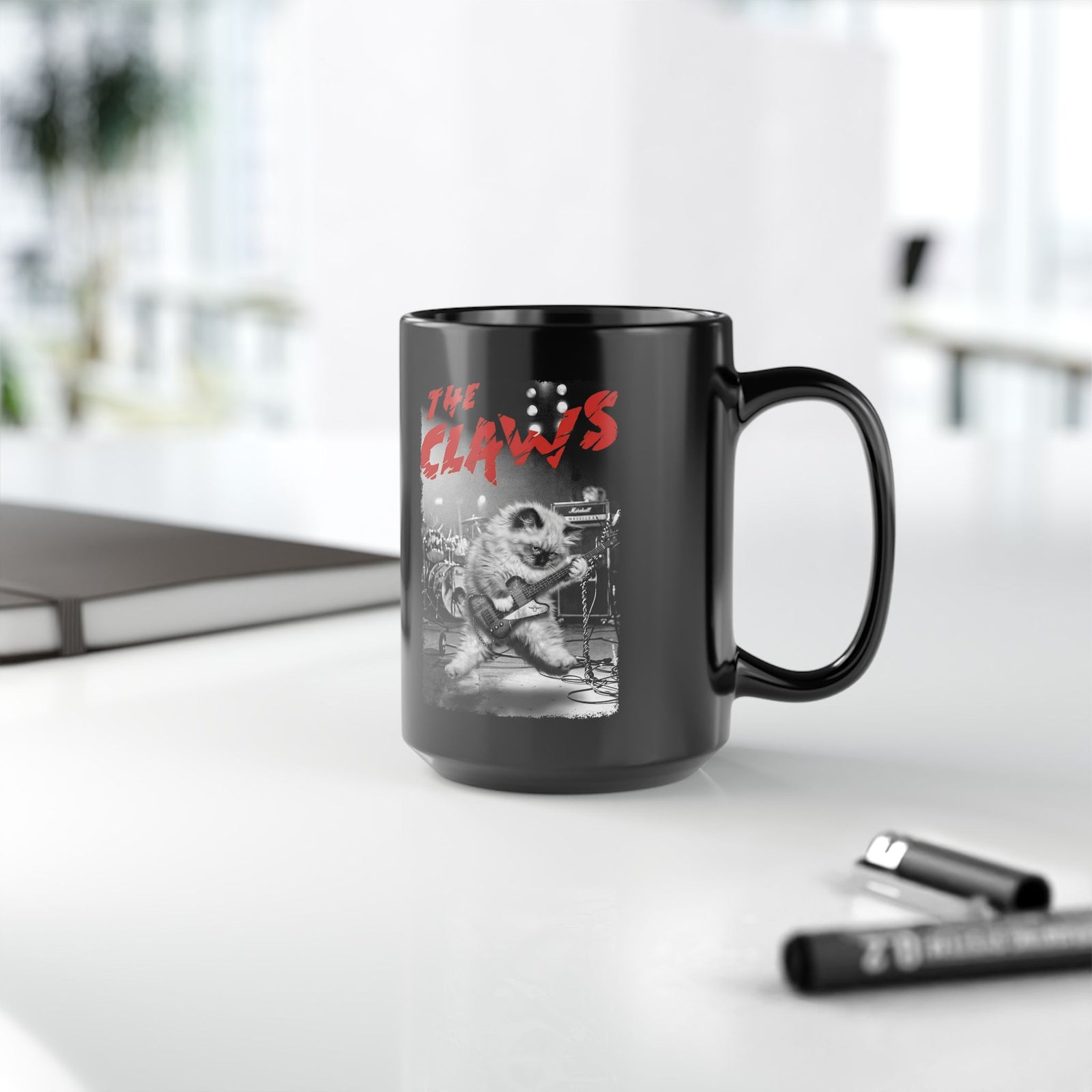 The Claws Cat Rock Black Mug — Retro Cat Graphic Mug