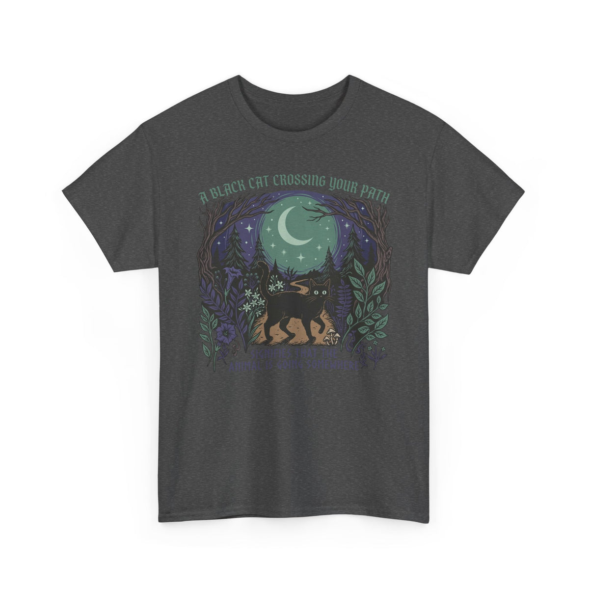 Black Cat Crossing Your Path Tee — Whimsical Moonlit Forest Cat Shirt
