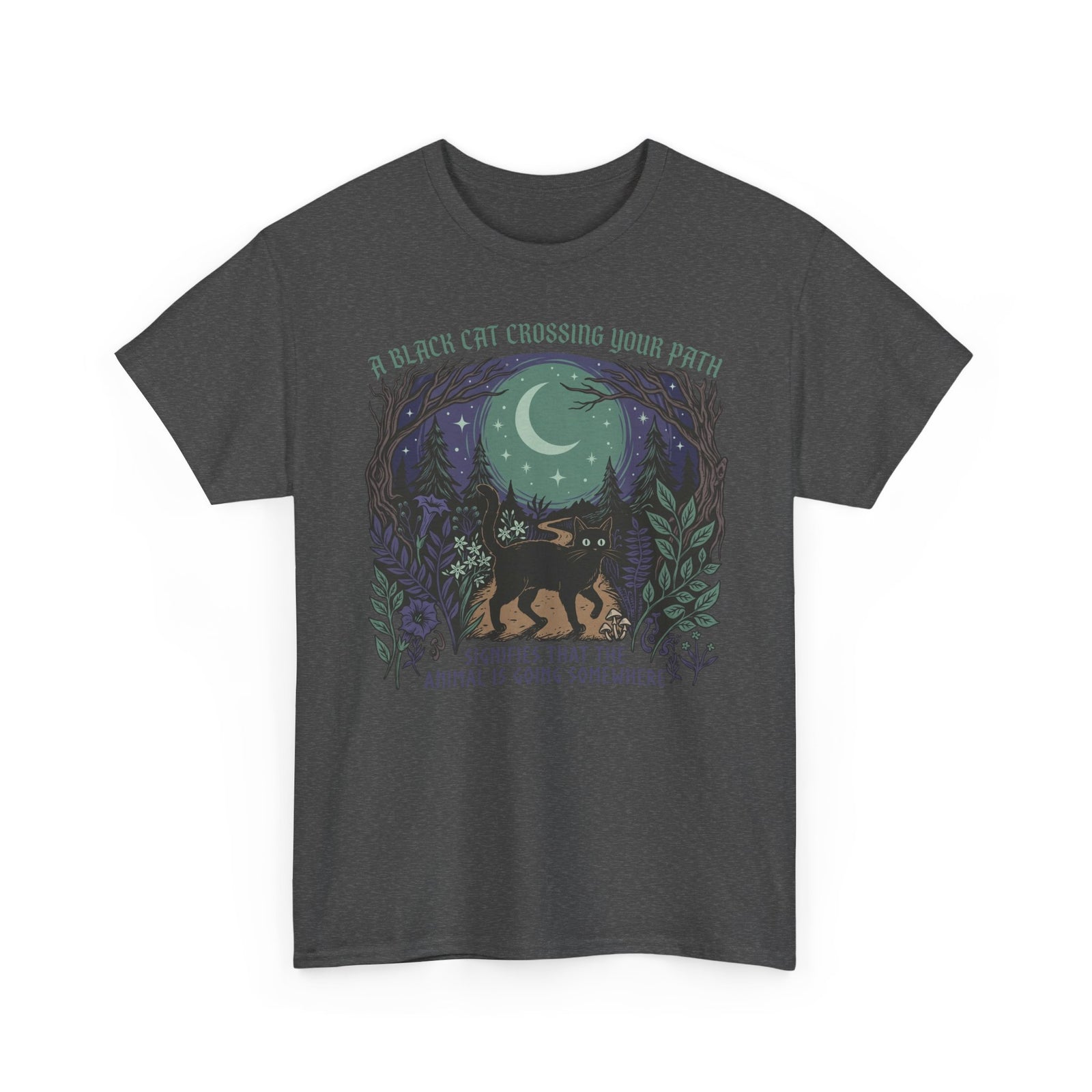 Black Cat Crossing Your Path Tee — Whimsical Moonlit Forest Cat Shirt