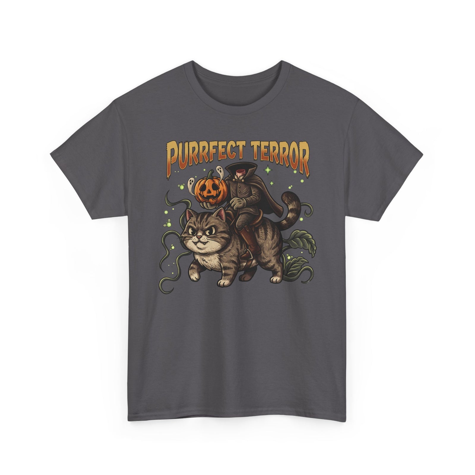 Purrfect Terror Headless Horseman Tabby Cat T-Shirt — Spooky Halloween Tee