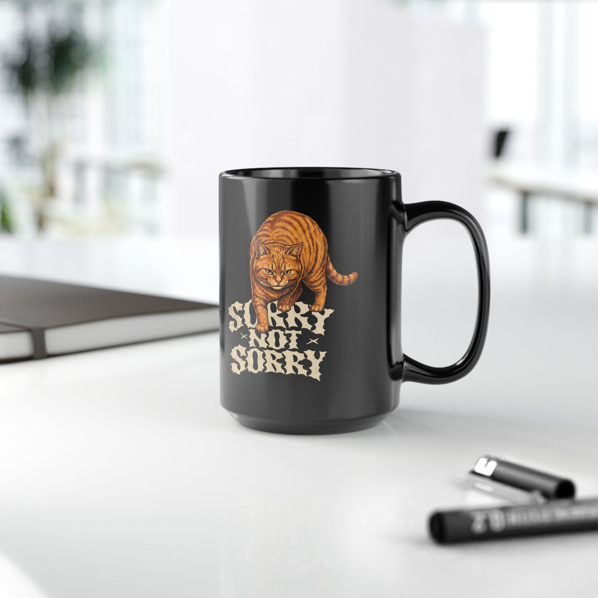 Sorry Not Sorry Cat Black Mug — Funny Sarcastic Orange Tabby Mug