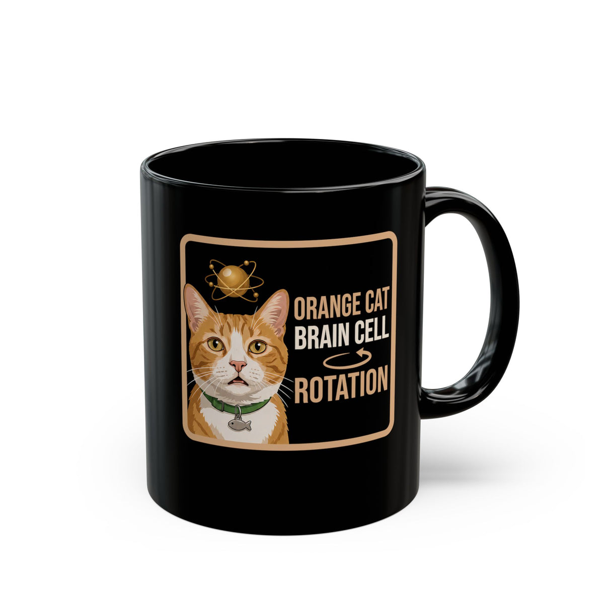 Orange Cat Brain Cell Rotation Black Mug