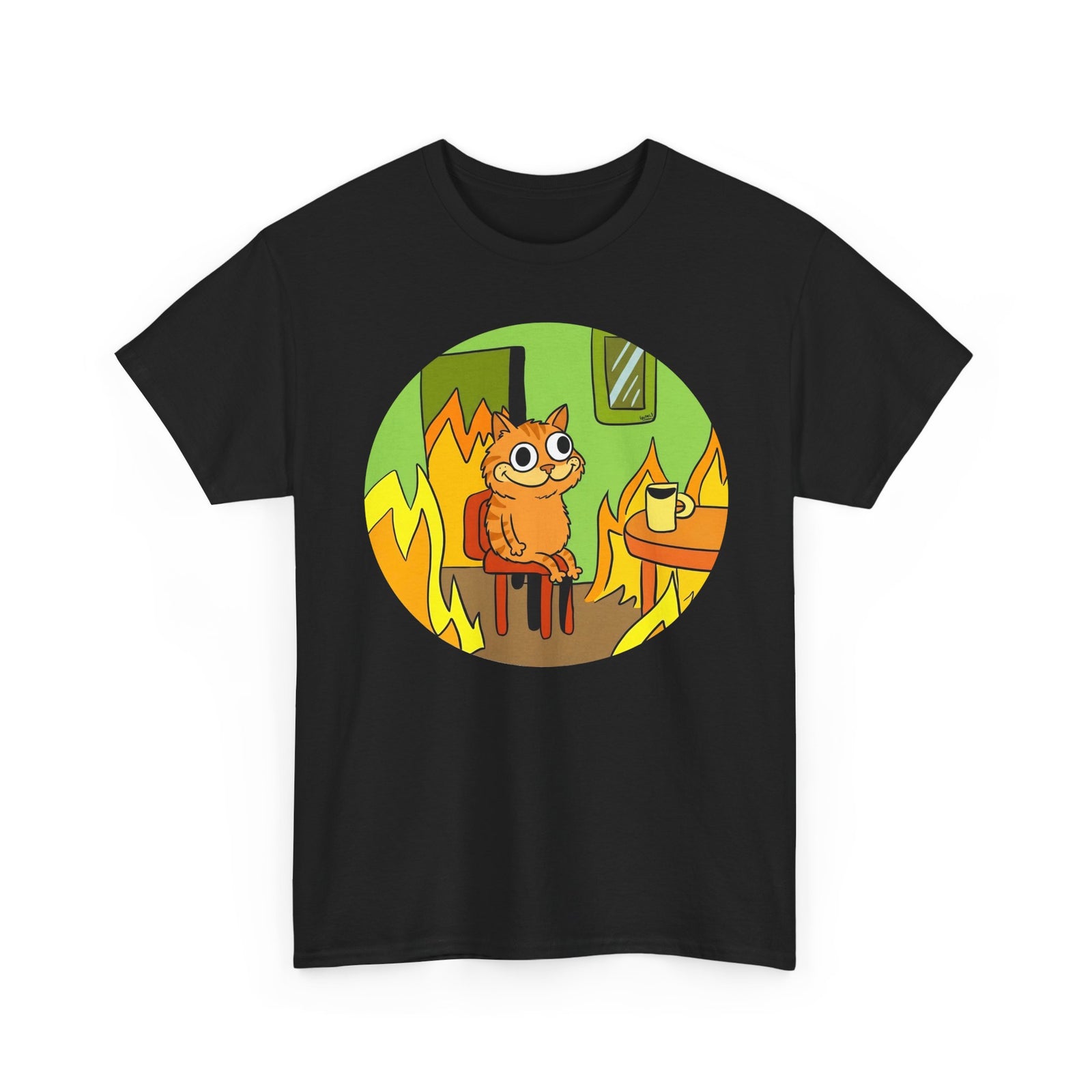This Is Fine Orange Cat T-Shirt — Funny Meme Parody Feline Graphic Tee