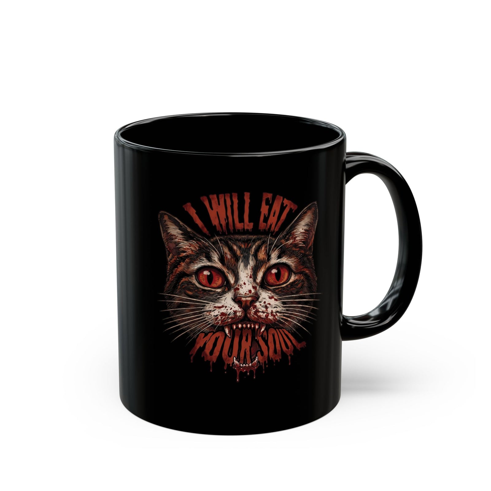 I Will Eat Your Soul Black Mug — Horror Demon Cat Graphic Mug