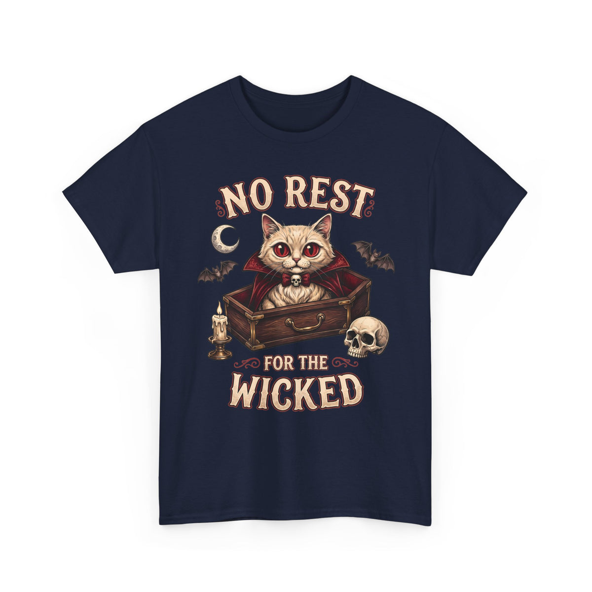 No Rest For The Wicked Vampire Cat Coffin Shirt — Gothic Halloween Tee