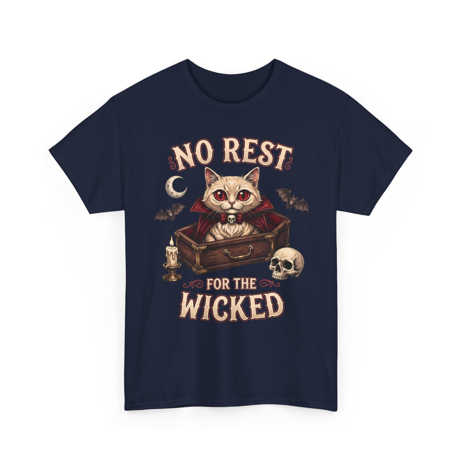 No Rest For The Wicked Vampire Cat Coffin Shirt — Gothic Halloween Tee