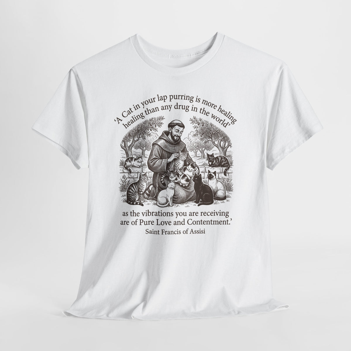 Saint Francis Vintage Graphic Tee — "A Cat in Your Lap Purring" Spiritual Animal Lover Shirt