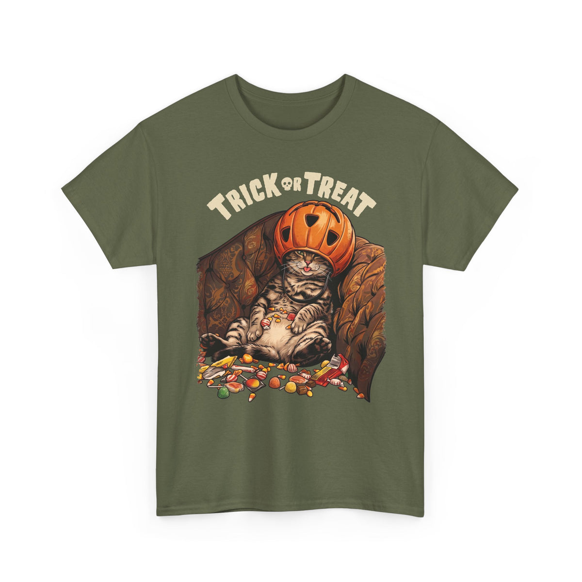 Trick Or Treat Pumpkin Helmet Cat T-Shirt — Funny Halloween Candy Coma Tee