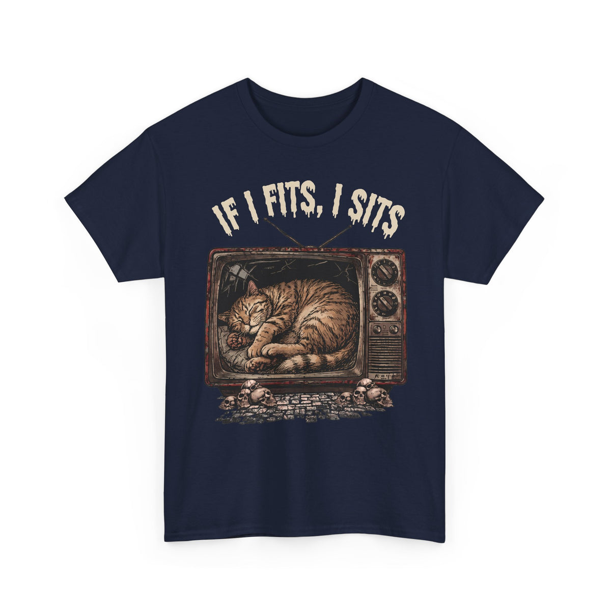 If I Fits I Sits Vintage TV Tabby Cat Shirt — Macabre Horror Meme T-Shirt