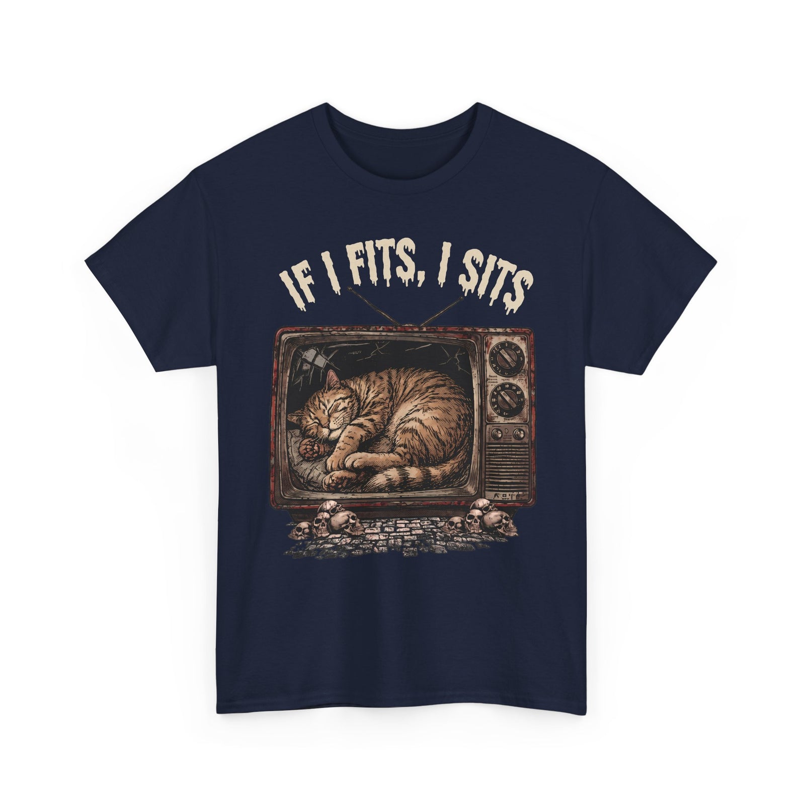 If I Fits I Sits Vintage TV Tabby Cat Shirt — Macabre Horror Meme T-Shirt