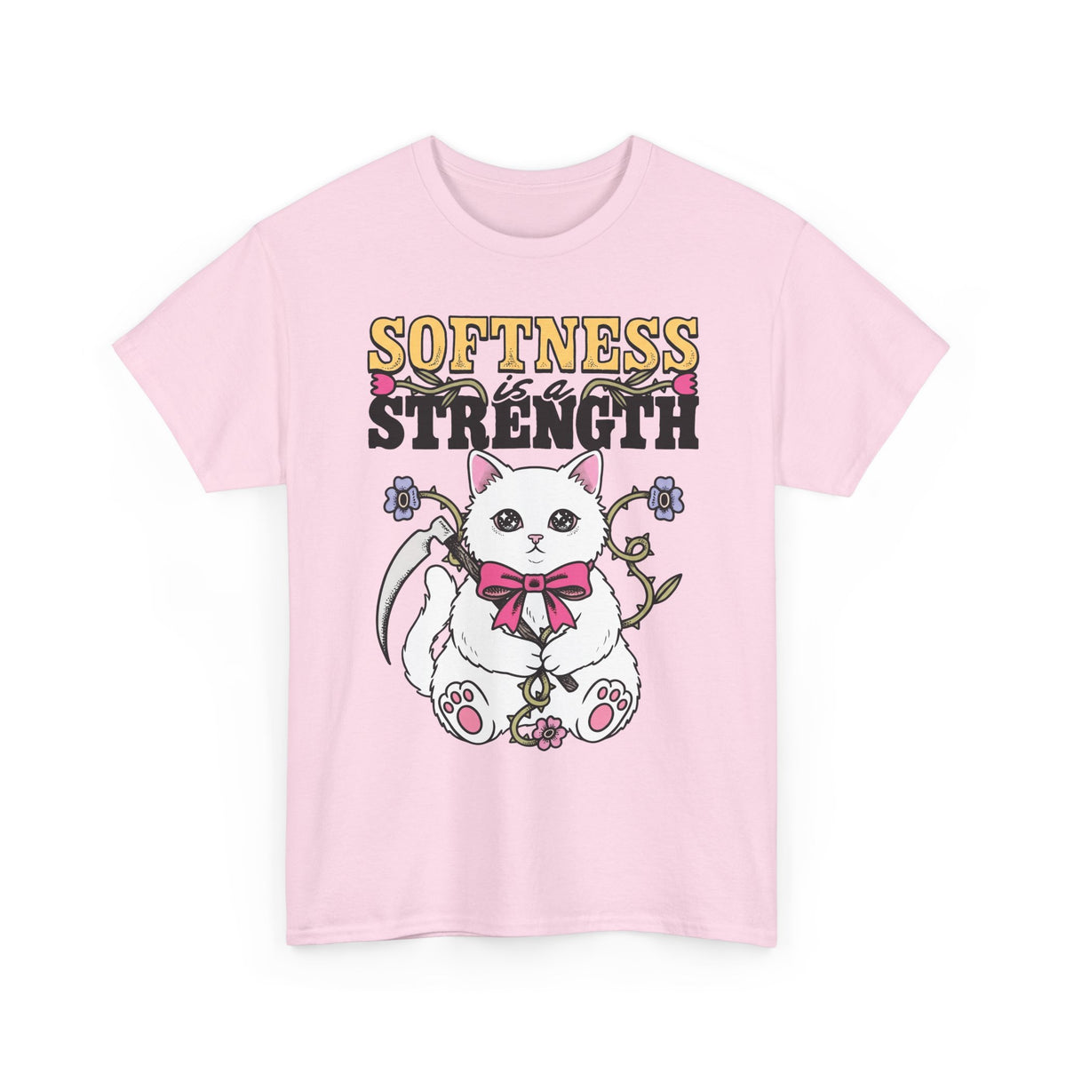 Softness Is A Strength T-Shirt — Funny Cute White Kitten Scythe Graphic Tee